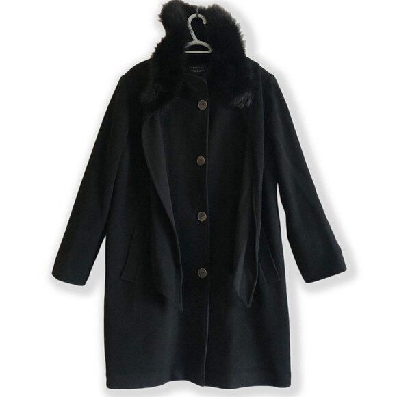 Mona Lisa Fen-Nelli Black Wool Coat: Winter Chic with Faux Fur Hood and Scarf - Picture 1 of 7